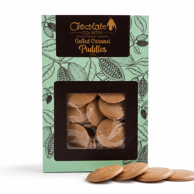 Bag of white chocolate salted caramel flavoured puddles